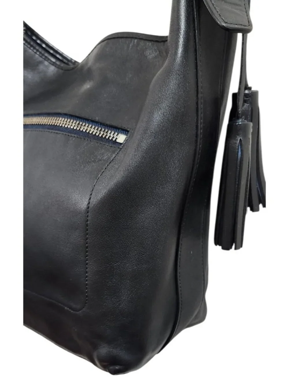 Coach Black Leather Hobo Shoulder Bag Large Tassel Silver Hardware Recolored
